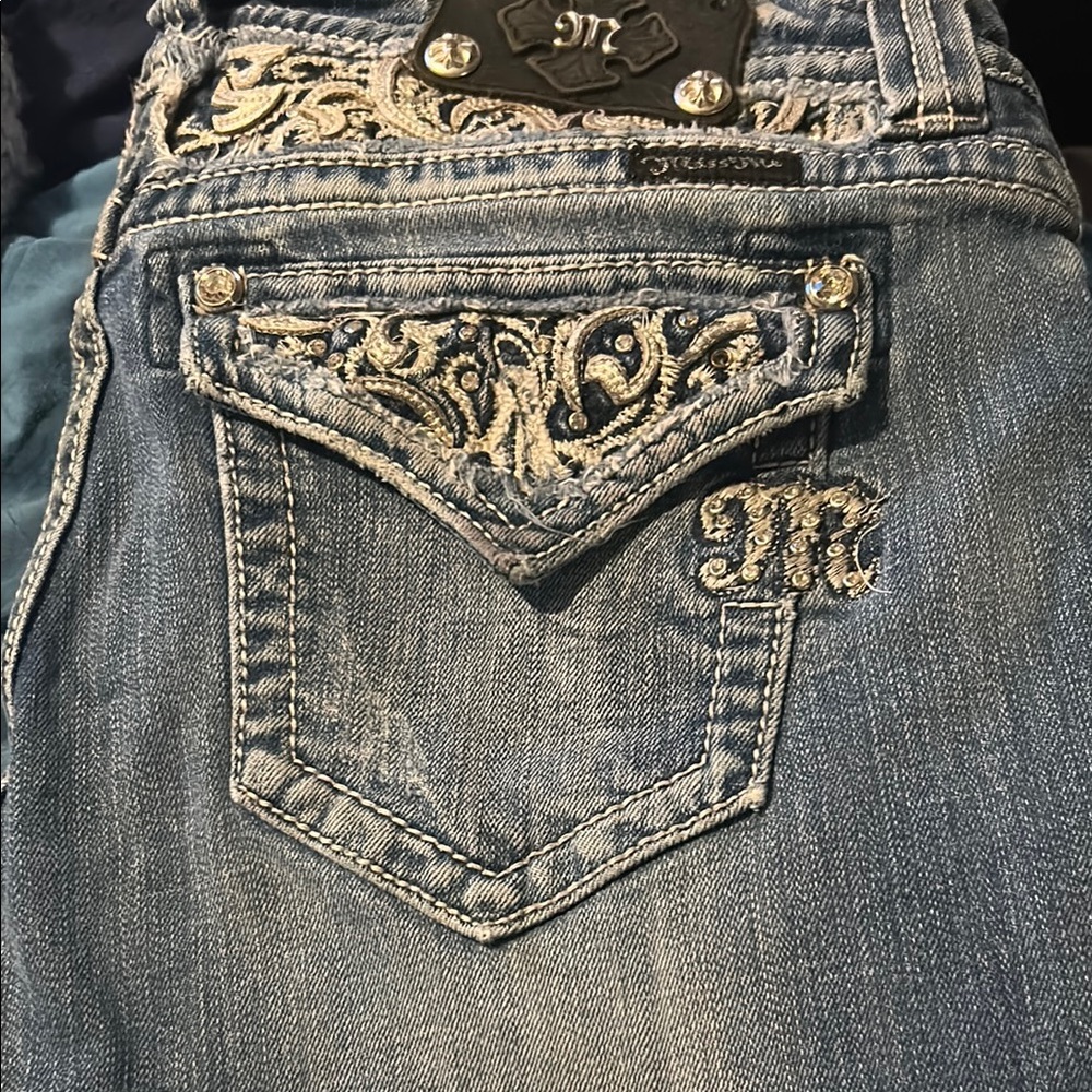Miss Me Blue Embroidered Jeans with Ornate Design
